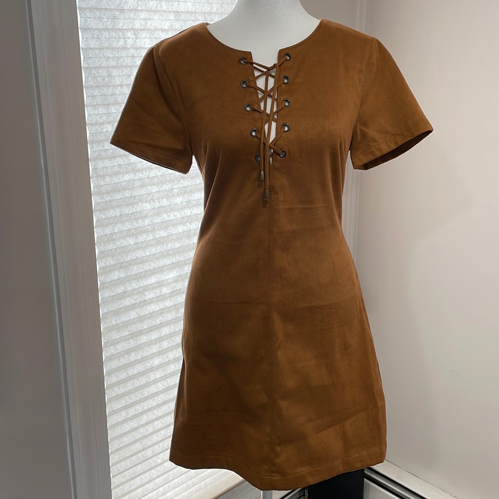 Renamed Suede brown dress with cross cross tie size S